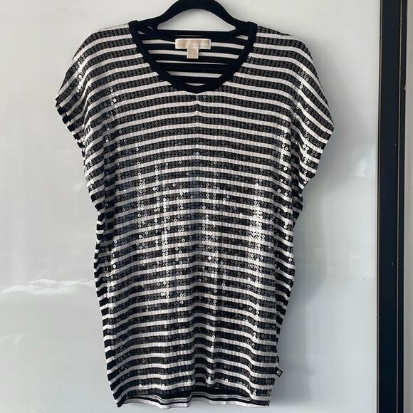 MICHAEL Michael Kors sequined black and white striped dolman sleeve top size XS - Picture 1 of 9